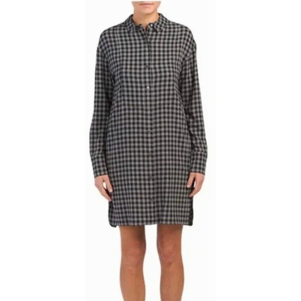 Theory Panel Front Shirtdress Medium Black Gray Gingham Button Down Long Sleeve